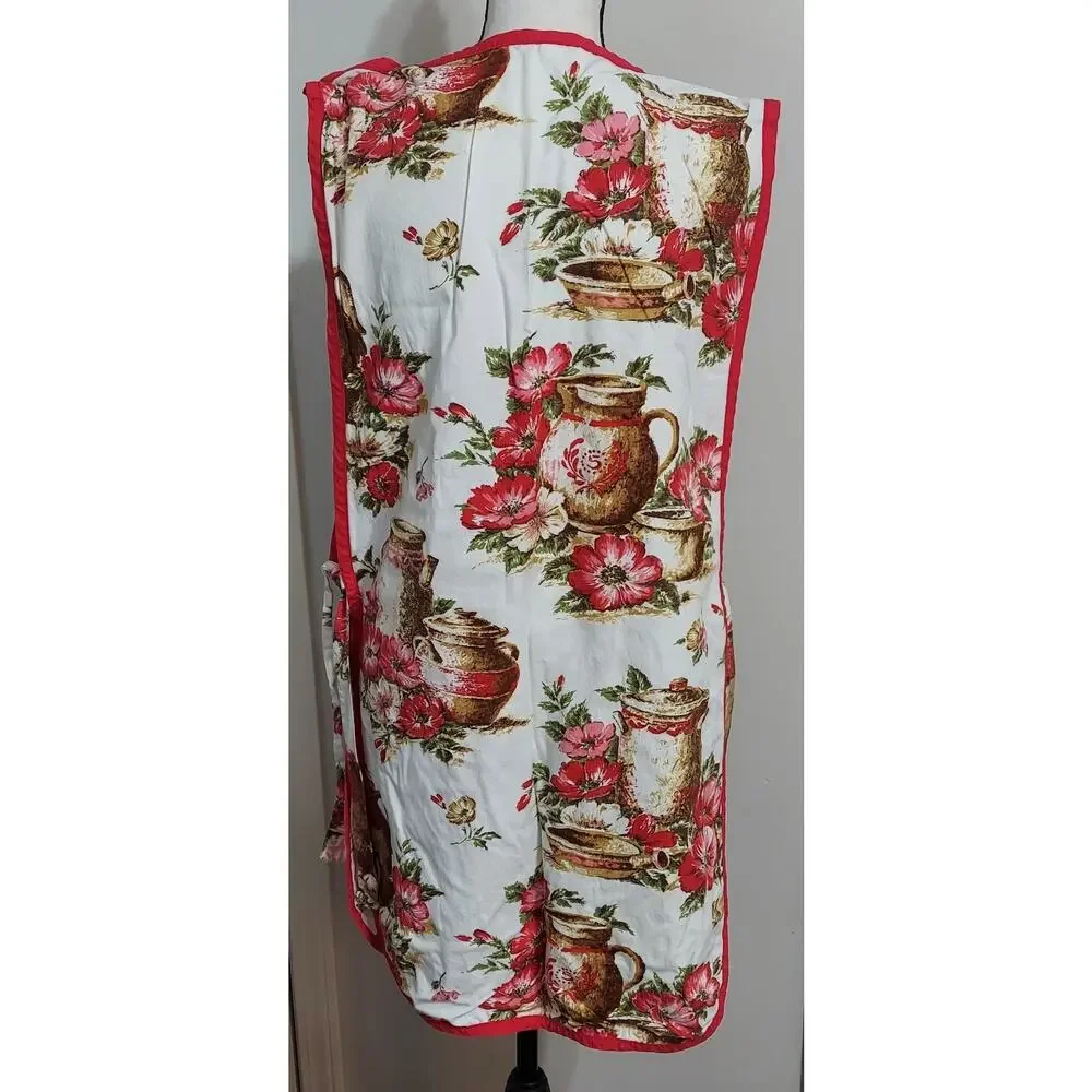 Vtg 1950s 1960s Carmen Lee Smock Apron Full Bib Cottagecore Pitcher Floral Red